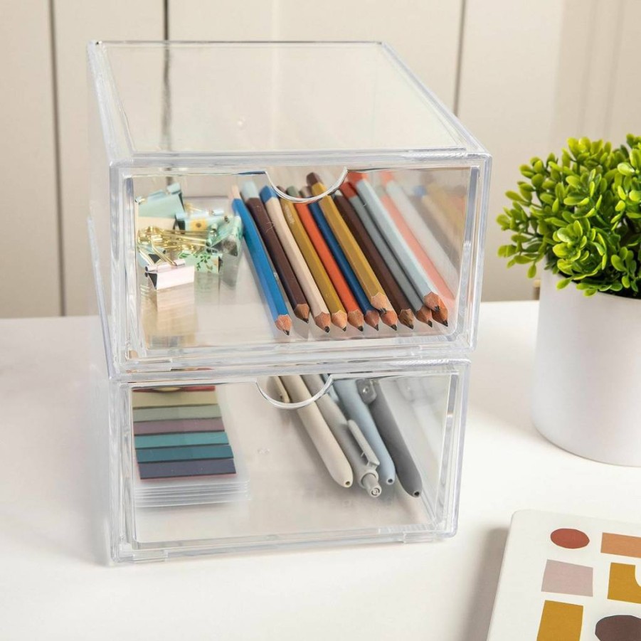 Martha Stewart Clear Stackable Desk Organizer with 2 Drawers, 6" x 7.5" Plastic Storage Box for Office, Bathroom, Countertop or Dorm, 2-Pack