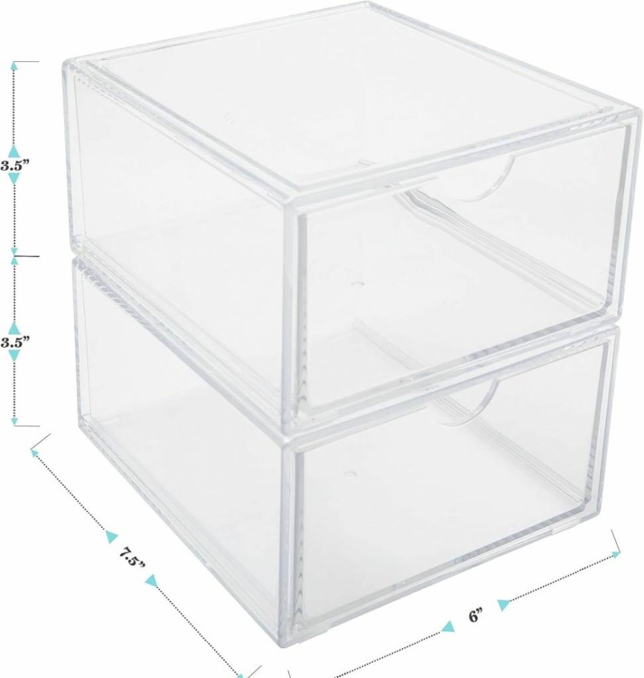 Martha Stewart Clear Stackable Desk Organizer with 2 Drawers, 6" x 7.5" Plastic Storage Box for Office, Bathroom, Countertop or Dorm, 2-Pack