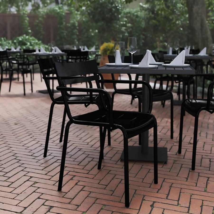 Flash Furniture Nash 2-Pack Commercial Steel Stack Chairs, Durable Indoor-Outdoor Arm Chairs with 2-Slat Back Design, Black