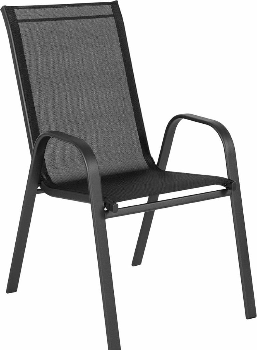 Flash Furniture Brazos Series 4-Piece Stackable Outdoor Patio Chairs Set with Flex Comfort Sling Design, Modern Gray Stacking Garden Chairs for Deck, Pool & Backyard