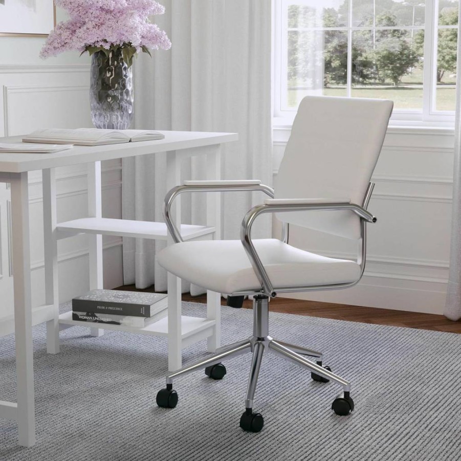 Martha Stewart Black Faux Leather Swivel Office Chair with Armrests and Polished Nickel Frame