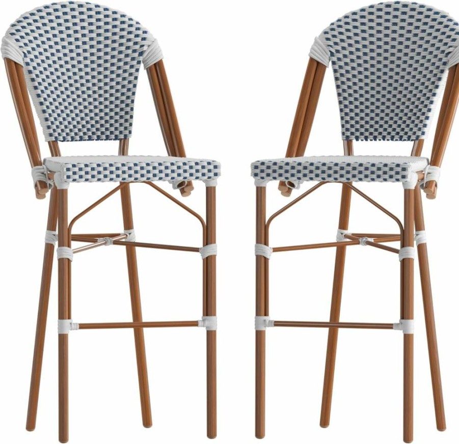 Flash Furniture 30" Stackable Bar Stools, Set of 2 - White/Navy & Bamboo Finish, Commercial Grade Bistro Height for Indoor/Outdoor Use