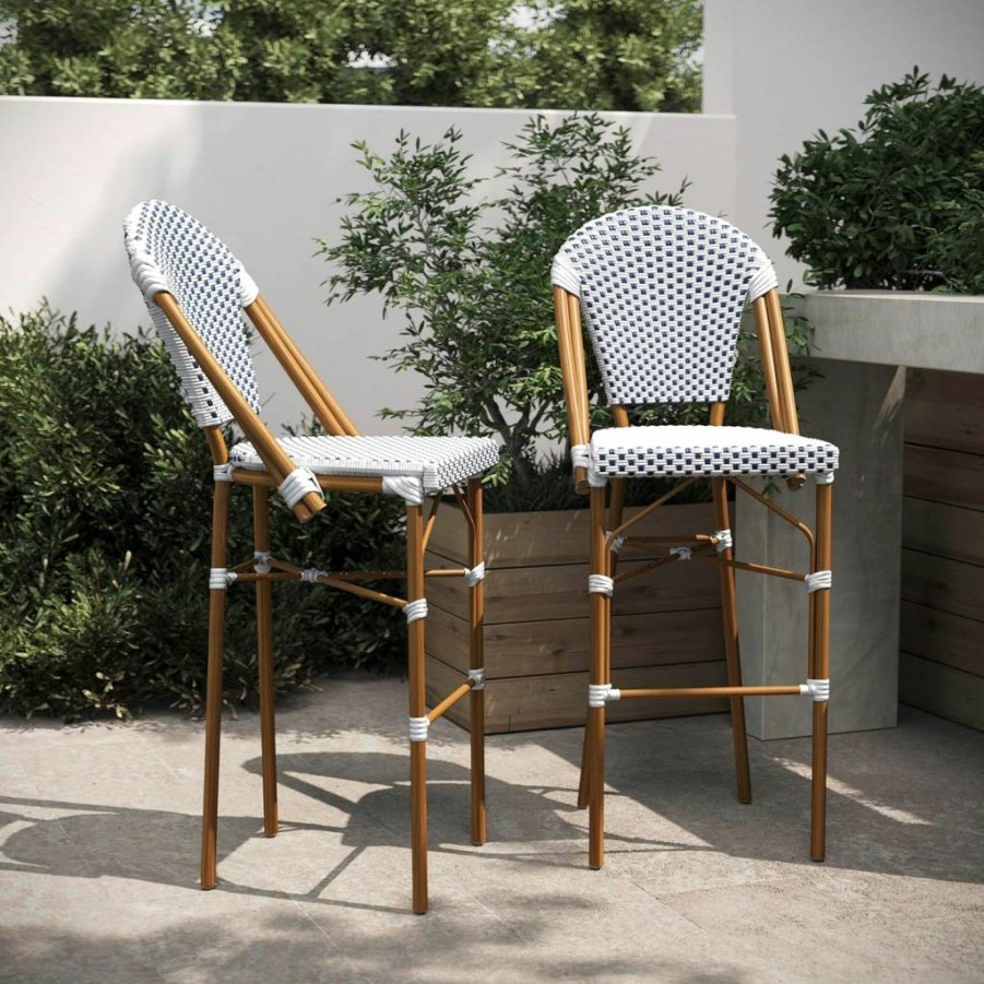 Flash Furniture 30" Stackable Bar Stools, Set of 2 - White/Navy & Bamboo Finish, Commercial Grade Bistro Height for Indoor/Outdoor Use