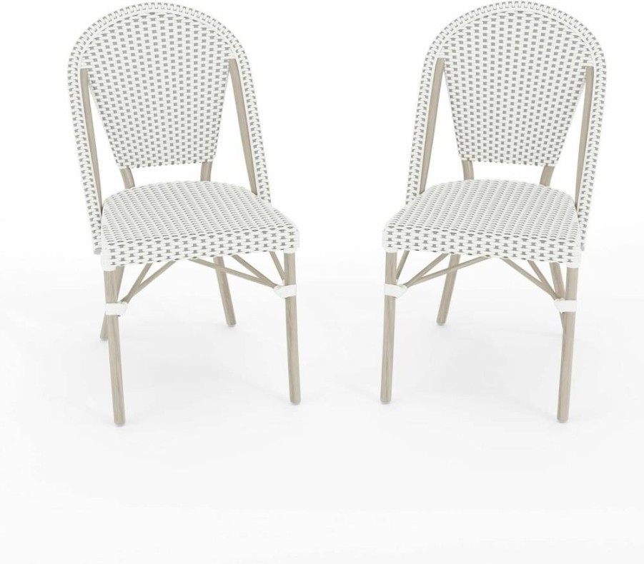 Martha Stewart Stackable Aluminum Bistro Chair - Indoor Outdoor Use, Woodgrain Frame, Black White Woven Rattan Seat