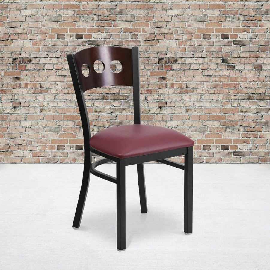 Flash Furniture Hercules Series 2-Pack Black Metal Restaurant Chairs with Walnut Wood Back and Black Vinyl Seat - 3 Circle Back Design