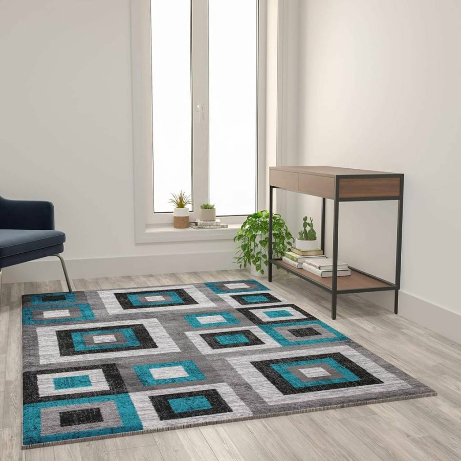 Flash Furniture Gideon Collection 8' x 10' Abstract Area Rug - Blue Grey White Olefin Fabric - Cotton Backing - Soft Living Room Bedroom Rug - Modern Home Decor