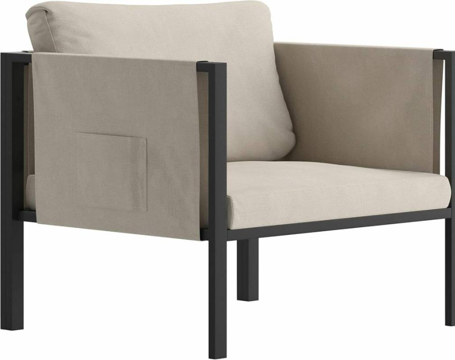 Flash Furniture Black Modern Patio Chair with Charcoal Cushions, Steel Frame & Storage Pockets for Indoor Outdoor Use
