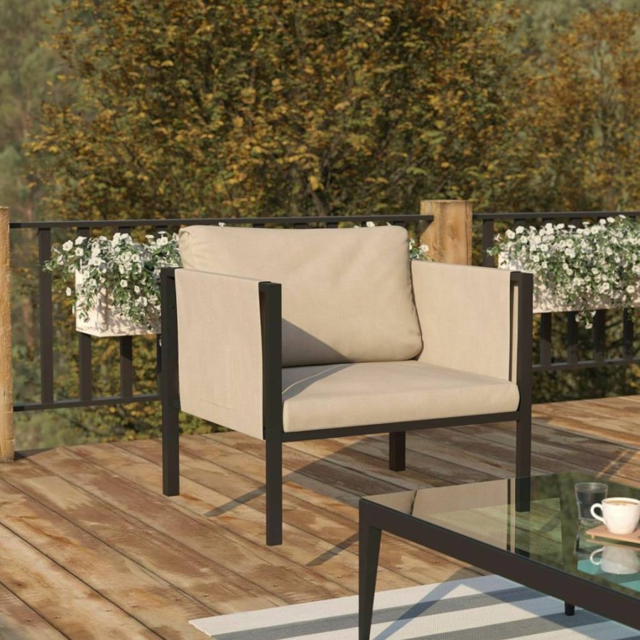 Flash Furniture Black Modern Patio Chair with Charcoal Cushions, Steel Frame & Storage Pockets for Indoor Outdoor Use