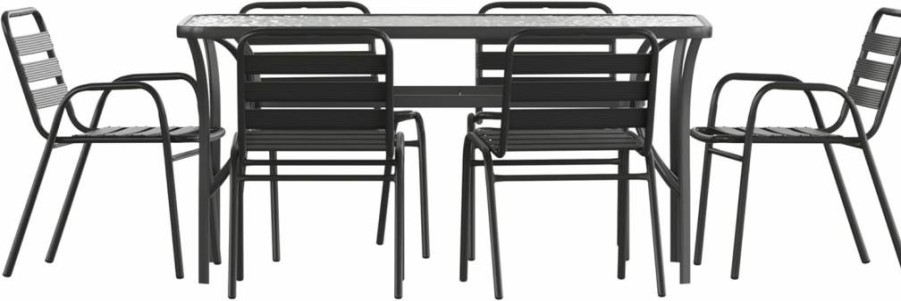 Flash Furniture Lila 7-Piece Outdoor Dining Set with 60" Tempered Glass Table, 4 Chairs & 2 Armchairs, Black Patio Furniture for Commercial Use