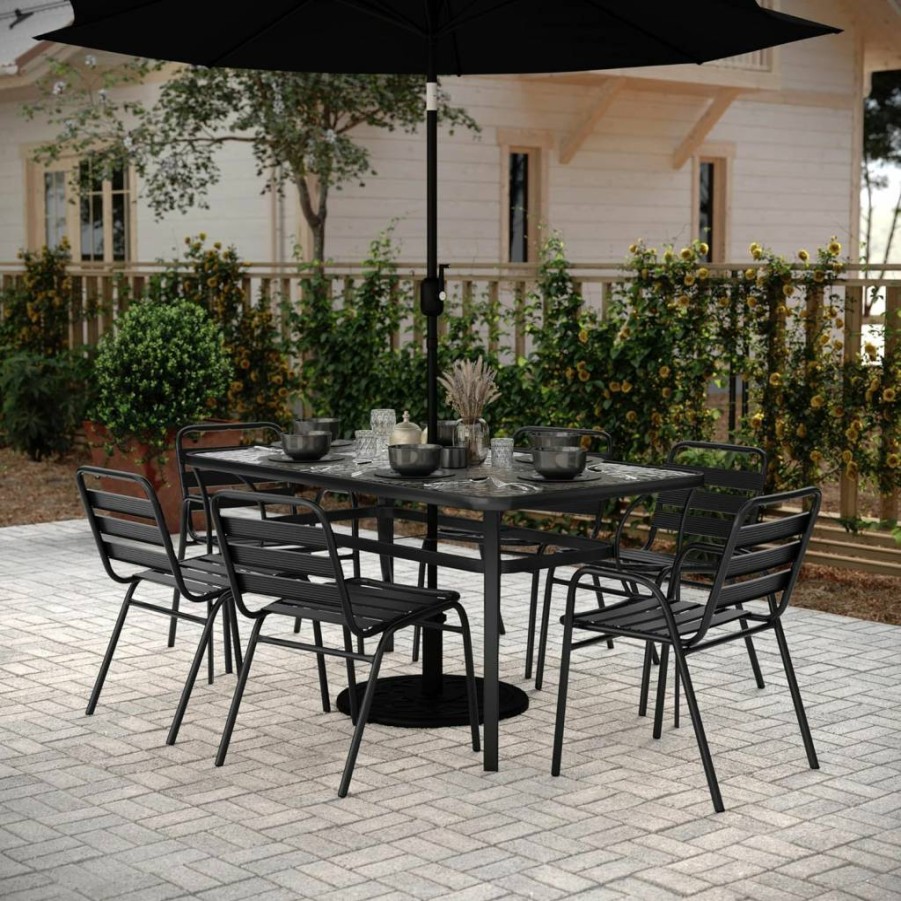 Flash Furniture Lila 7-Piece Outdoor Dining Set with 60" Tempered Glass Table, 4 Chairs & 2 Armchairs, Black Patio Furniture for Commercial Use