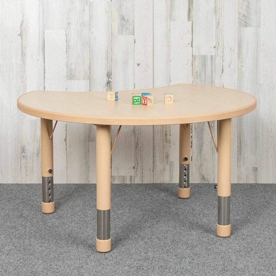 Flash Furniture Wren 35.5"L Plastic Adjustable Height Activity Table for Kids, Natural Crescent Shape, 25.125"W School Desk