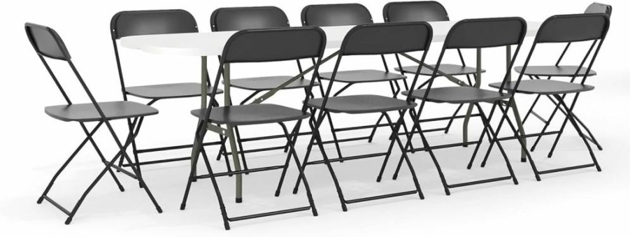 Flash Furniture 8-Foot White and Black Bi-Fold Training Table Set with 10 Folding Chairs, 11-Piece Rectangular Conference Room Furniture for Meetings and Events