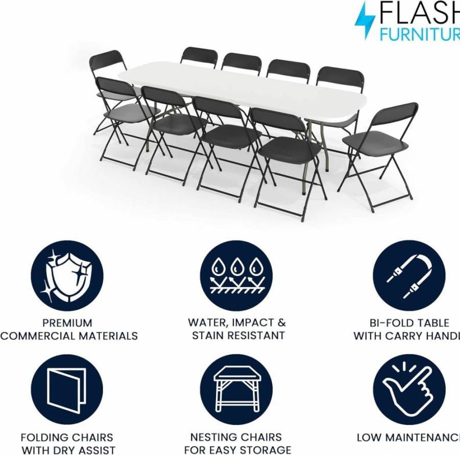 Flash Furniture 8-Foot White and Black Bi-Fold Training Table Set with 10 Folding Chairs, 11-Piece Rectangular Conference Room Furniture for Meetings and Events