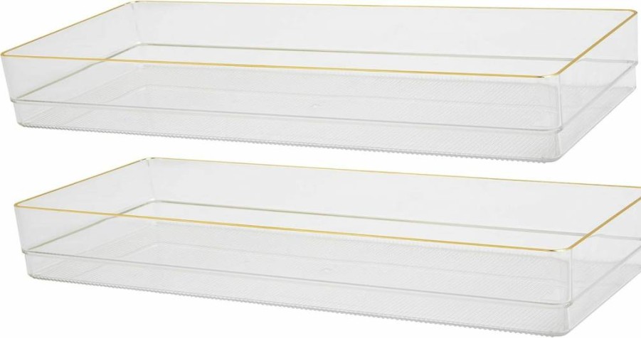 Martha Stewart Stackable Desk Drawer Organizers Set of 6, 6" x 3" Plastic Storage Bins with Gold Trim, Office & Home Organization