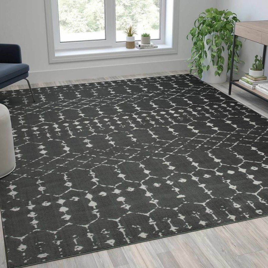 Flash Furniture Bohemian Geometric Area Rug 8x10 Feet, Low Pile Polyester Rug in Dark Gray & Ivory, Modern Abstract Design for Living Room Bedroom