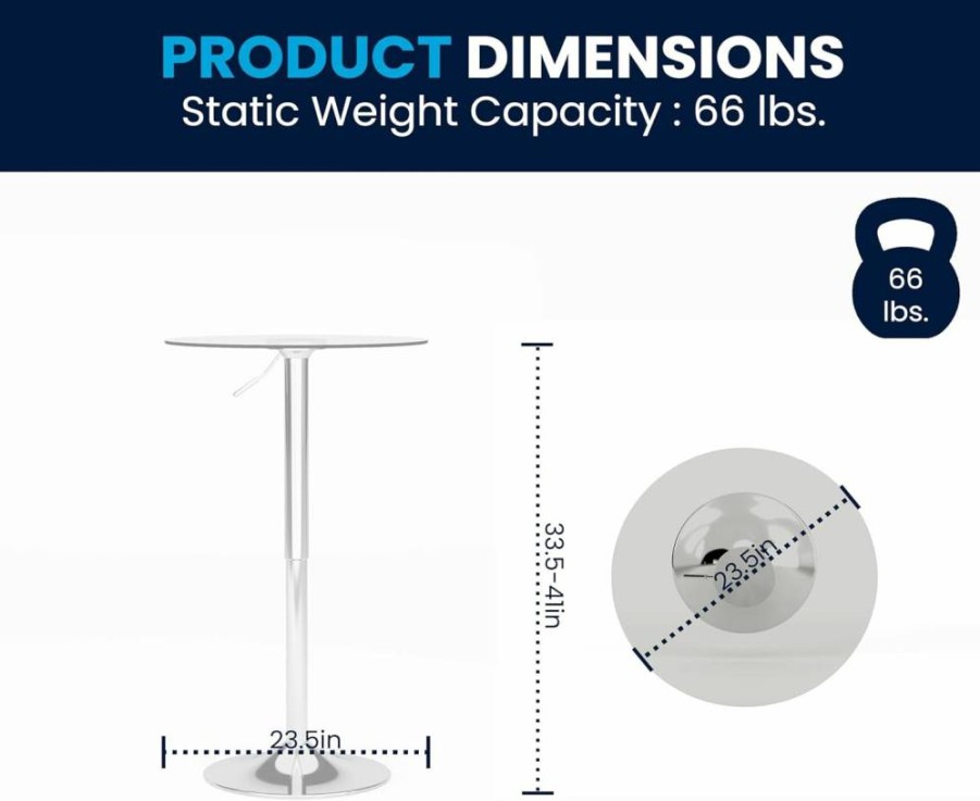 Flash Furniture 23.5" Adjustable Height Round Glass Cocktail Table - Chrome Frame Bar Table for Home or Business Use