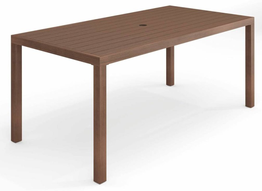 Martha Stewart 71" Gray Aluminum Patio Table with Umbrella Hole - Indoor Outdoor Brushed Woodgrain Finish