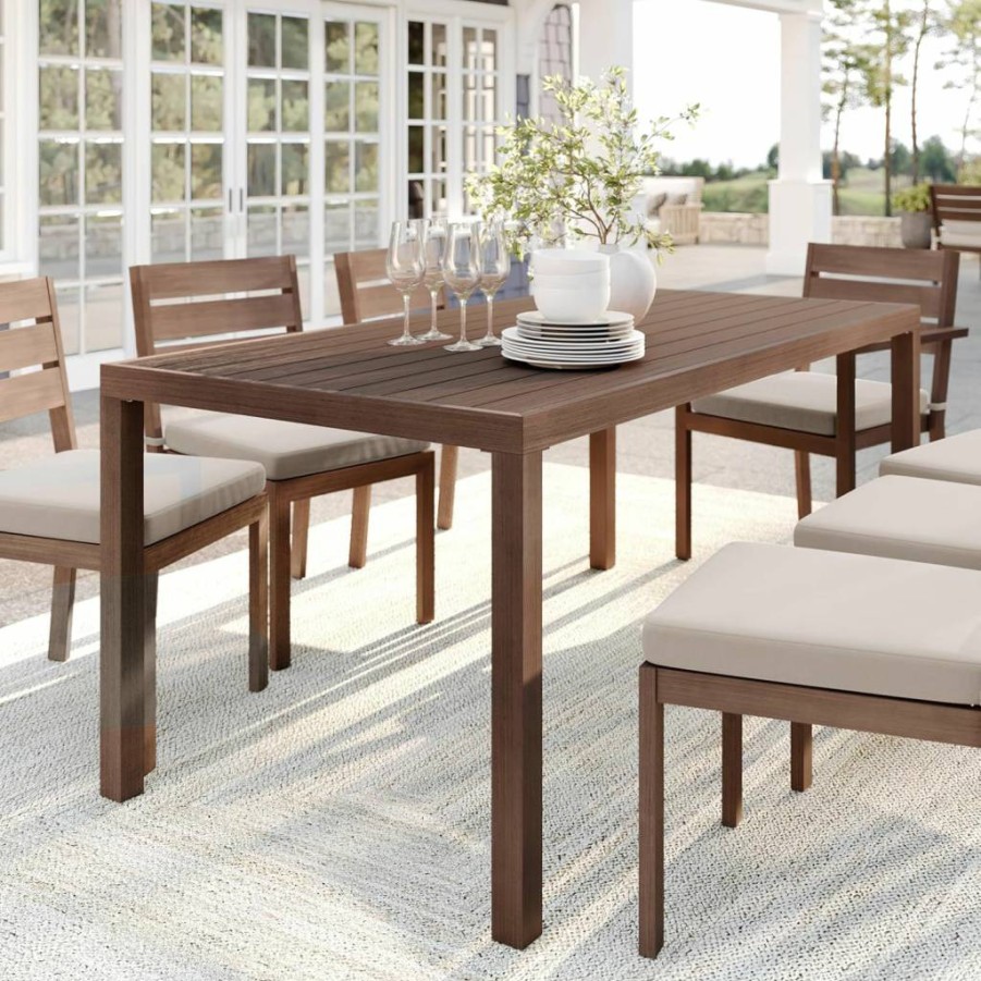 Martha Stewart 71" Gray Aluminum Patio Table with Umbrella Hole - Indoor Outdoor Brushed Woodgrain Finish