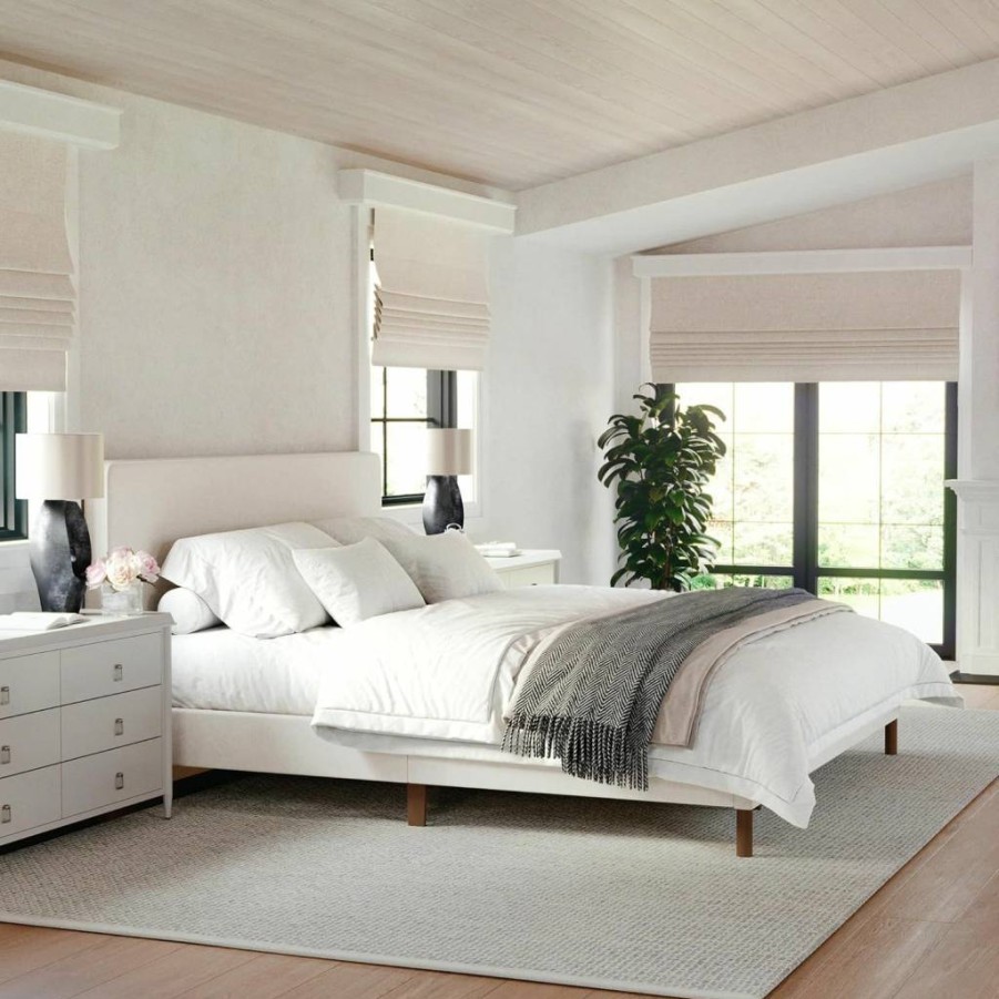 Martha Stewart Britta Upholstered Platform Bed King Size with Headboard & Footboard, Gray Faux Linen Fabric, No Box Spring Required