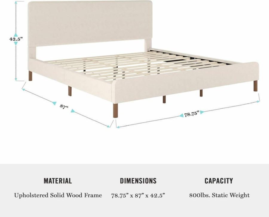 Martha Stewart Britta Upholstered Platform Bed King Size with Headboard & Footboard, Gray Faux Linen Fabric, No Box Spring Required