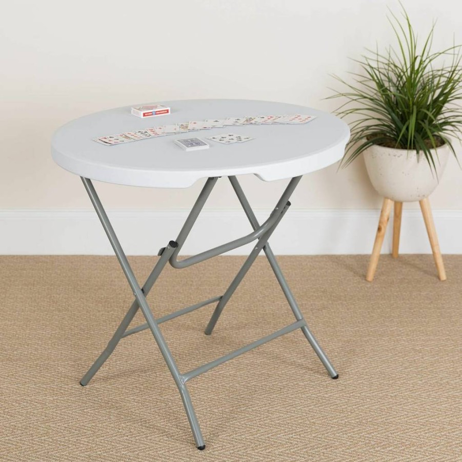 Flash Furniture Kathryn 2.6-Foot Round White Plastic Folding Table - Granite Finish, Portable & Space-Saving