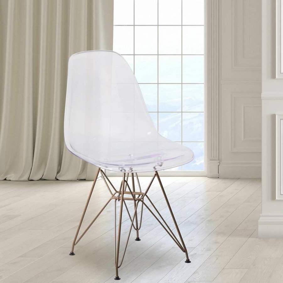 Flash Furniture Elon Series Modern Ghost Chair - Transparent Acrylic with Gold Metal Base, Stylish Dining or Office Seat