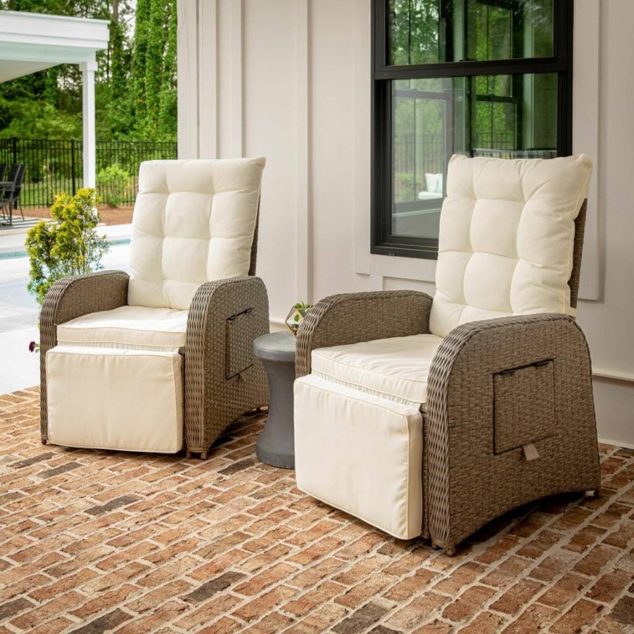 Flash Furniture Nemo Beige/Brown Wicker Rattan Recliner Lounge Chair with Flip-Up Side Table for Indoor Outdoor Patio