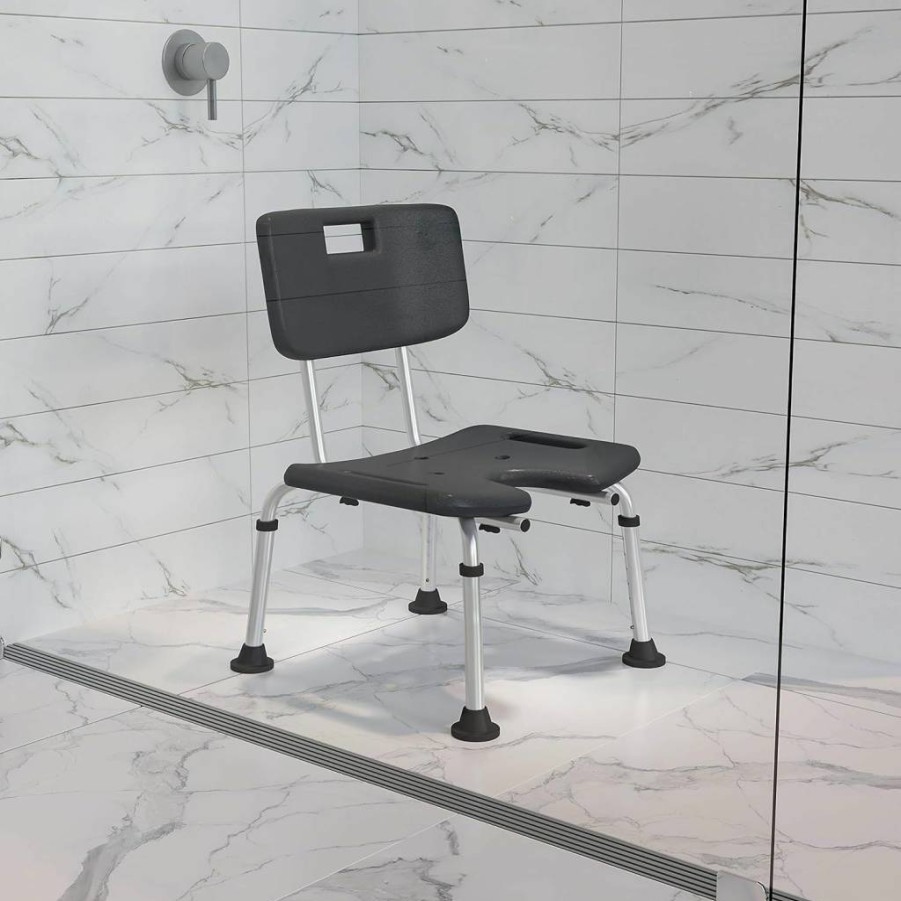 Flash Furniture Hercules Series 300 lb. Capacity Adjustable Shower Chair with Extra Large Back - Tool-Free Quick Assembly Gray Bath Seat