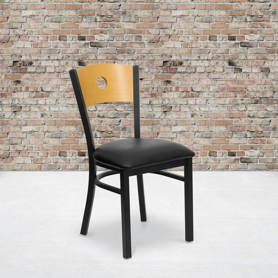 Flash Furniture Hercules Series Black Metal Restaurant Chair with Natural Wood Back and Burgundy Vinyl Seat - Durable Circle Back Design
