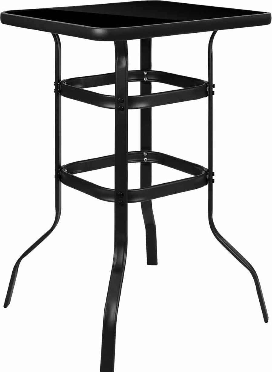 Flash Furniture 27.5" Square Black Metal Bar Table with Tempered Glass Top for Patio