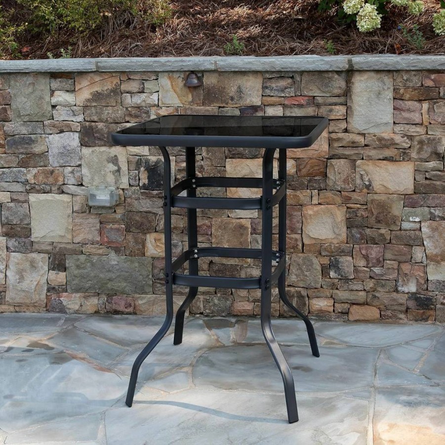 Flash Furniture 27.5" Square Black Metal Bar Table with Tempered Glass Top for Patio
