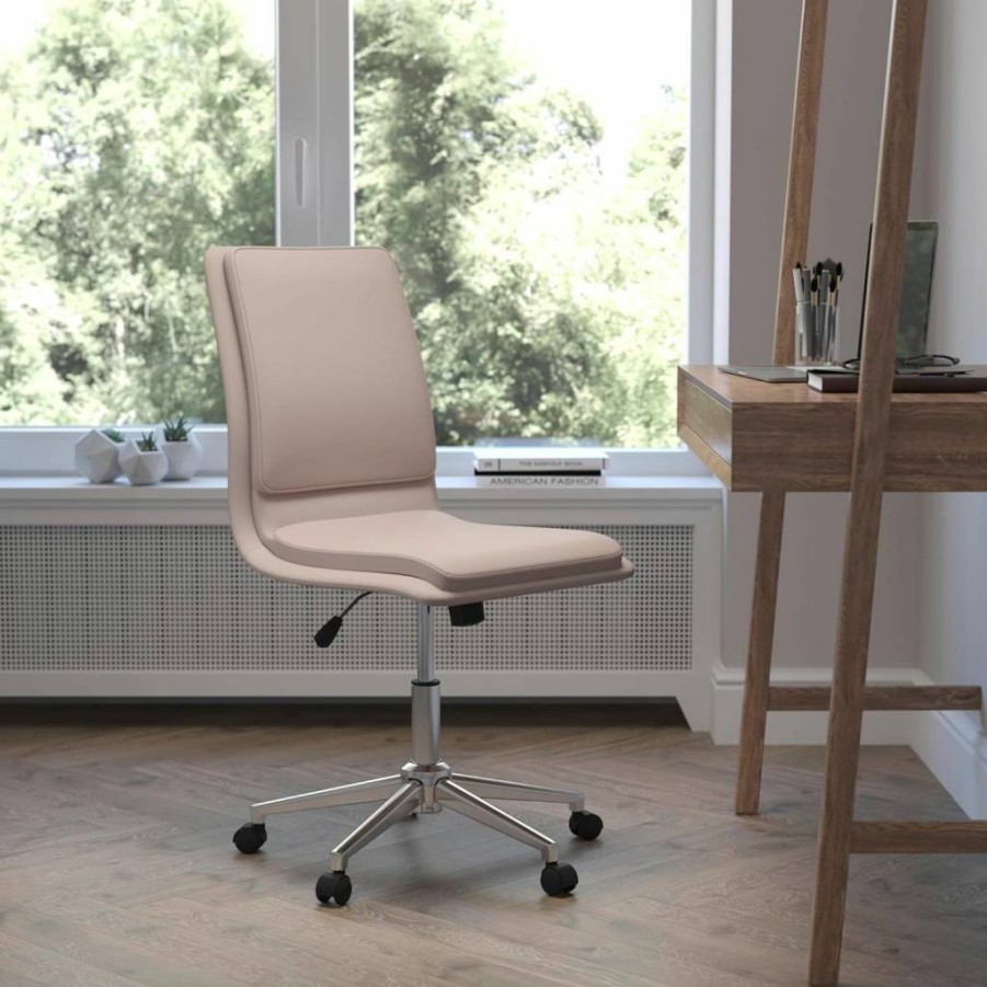 Flash Furniture Madigan Leathersoft Office Chair - Cognac PU Leather Task Chair with Padded Mid-Back, Adjustable Height & Chrome Base - Armless Ergonomic Desk Chair