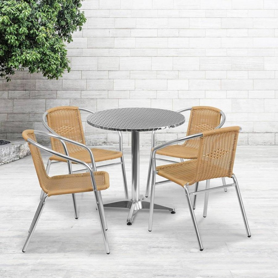 Flash Furniture 27.5-Inch Round Aluminum Patio Dining Set with 4 Black Wicker Chairs for Indoor and Outdoor Use