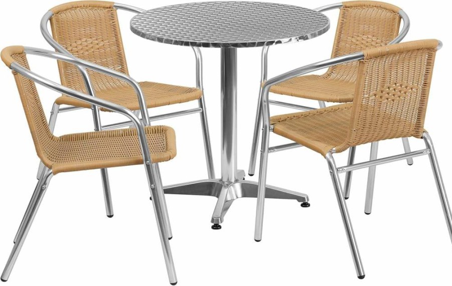 Flash Furniture 27.5-Inch Round Aluminum Patio Dining Set with 4 Black Wicker Chairs for Indoor and Outdoor Use