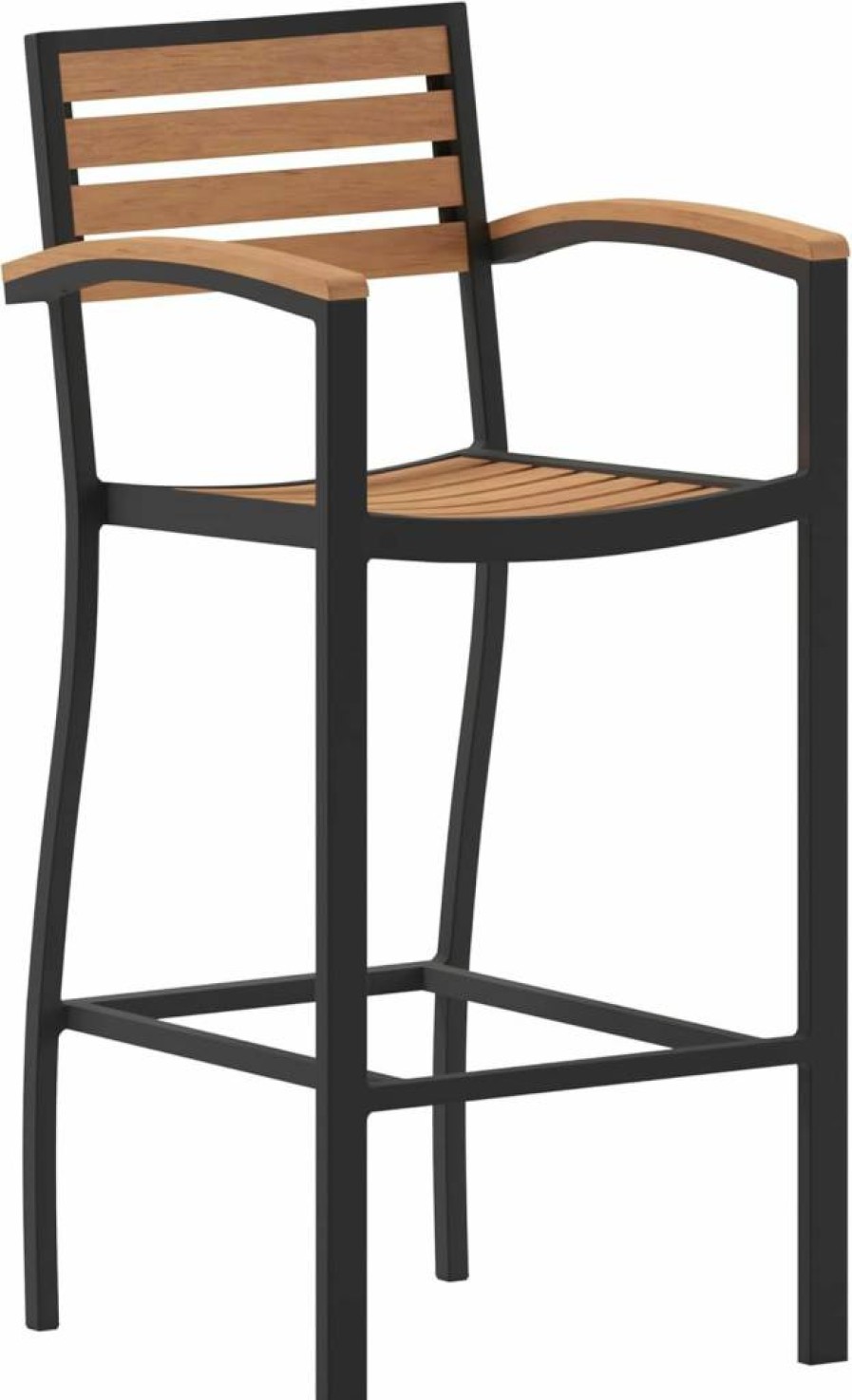 Flash Furniture Lark Commercial Outdoor Bar Stool with Arms - Aluminum Frame & Faux Wood Poly Resin Slats - Teak Finish - Bar Height Stool for All-Weather Use