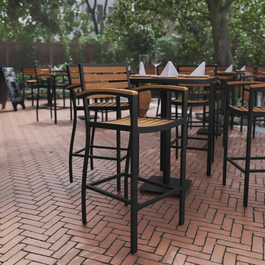 Flash Furniture Lark Commercial Outdoor Bar Stool with Arms - Aluminum Frame & Faux Wood Poly Resin Slats - Teak Finish - Bar Height Stool for All-Weather Use