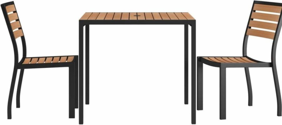 Flash Furniture Lark 3-Piece Outdoor Patio Set - 35" Square Steel Table & 2 Faux Teak Chairs - Durable Poly Slats for All-Weather Use