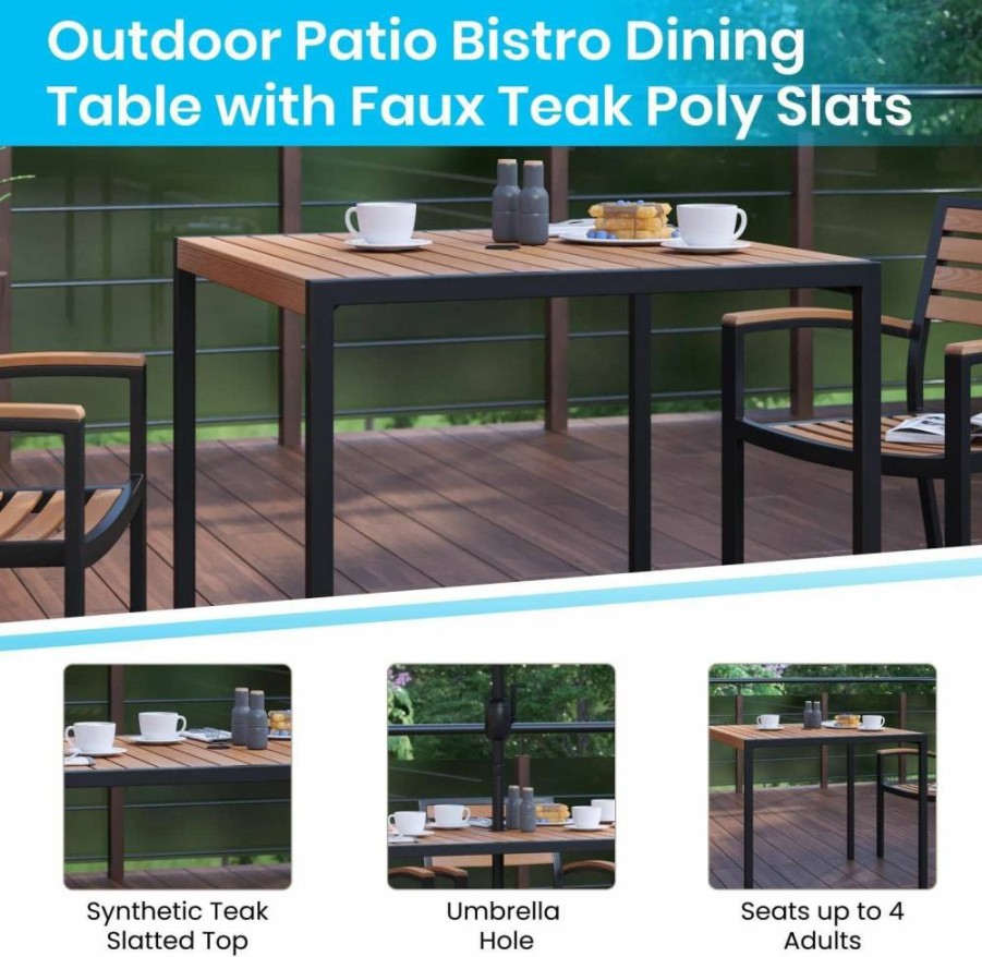 Flash Furniture Lark 3-Piece Outdoor Patio Set - 35" Square Steel Table & 2 Faux Teak Chairs - Durable Poly Slats for All-Weather Use