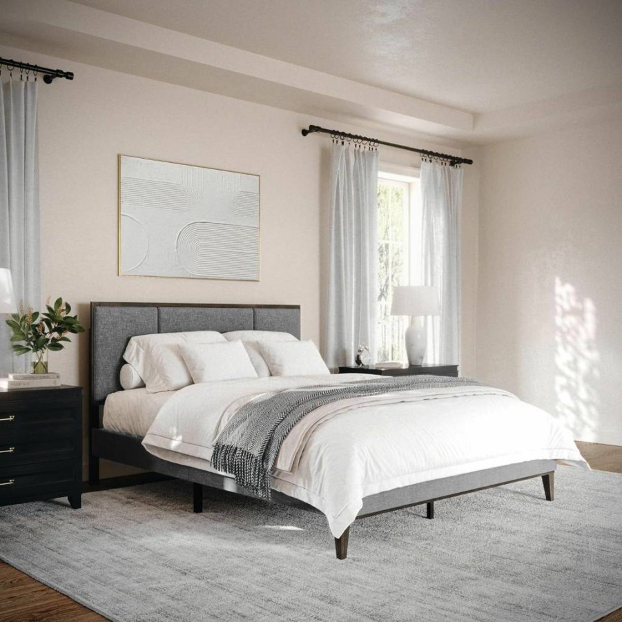 Martha Stewart Jett King Size Platform Bed with Upholstered Headboard, Dark Brown/Beige Fabric, Solid Wood Frame, No Box Spring Required