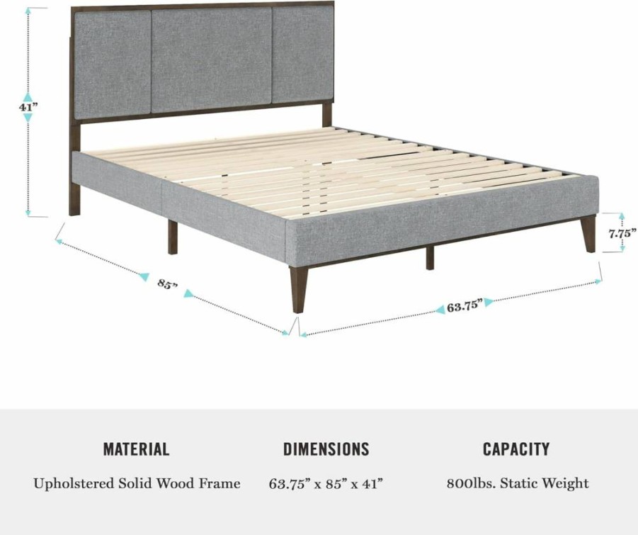 Martha Stewart Jett King Size Platform Bed with Upholstered Headboard, Dark Brown/Beige Fabric, Solid Wood Frame, No Box Spring Required