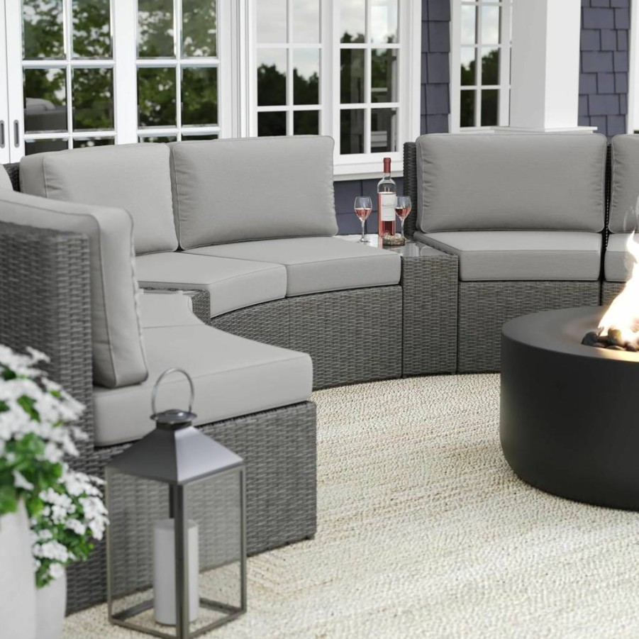 Martha Stewart Bedford 3-Piece Patio Set with All-Weather Cushions, Rattan Wicker Sofa and Glass Top Table for Indoor-Outdoor Use, Brown/Tan