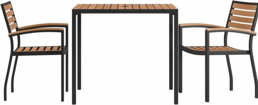 Flash Furniture 3-Piece Outdoor Dining Set - 35" Square Table with Umbrella Hole & 2 Stackable Chairs - Synthetic Teak Poly Slats - Steel Frame