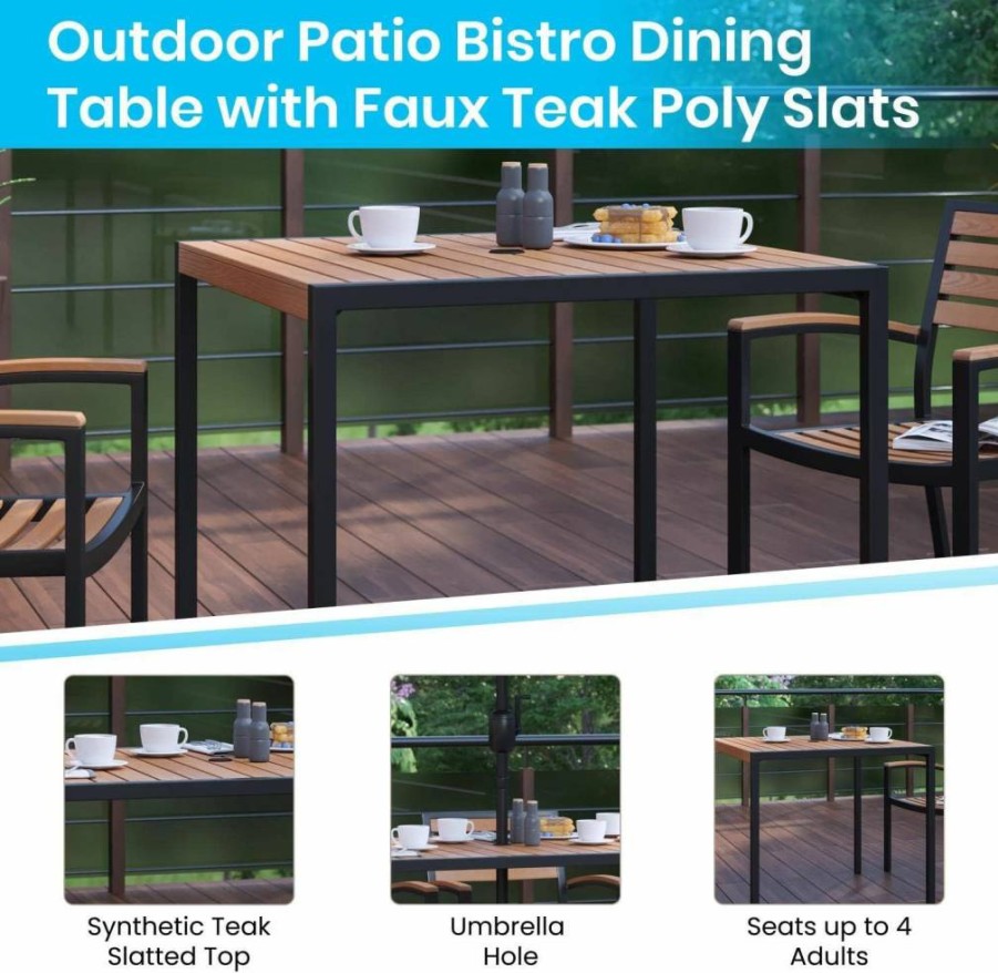Flash Furniture 3-Piece Outdoor Dining Set - 35" Square Table with Umbrella Hole & 2 Stackable Chairs - Synthetic Teak Poly Slats - Steel Frame