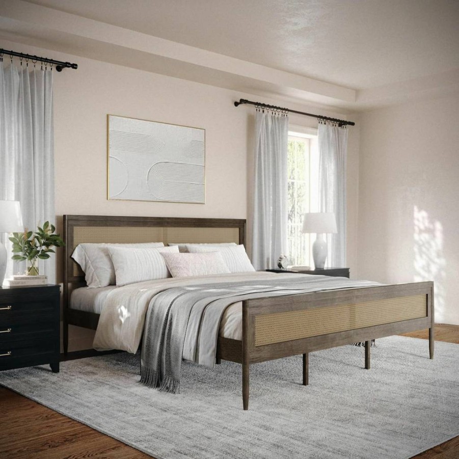 Martha Stewart Jax Queen Platform Bed with Rattan Headboard & Footboard - Solid Wood Frame, No Box Spring Required, Brown Gray Finish