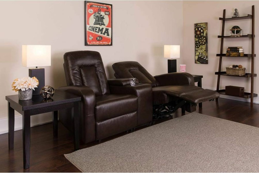 Flash Furniture Eclipse Series 2-Seat Motorized Recliner Sofa in Brown Leathersoft with Cup Holders and Push Button Control