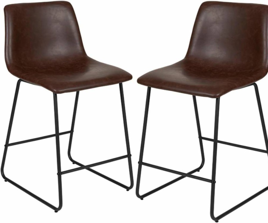 Flash Furniture 24" Leathersoft Counter Height Bar Stools Set of 2 - Dark Brown Mid-Century Modern Bucket Seats with Footrest