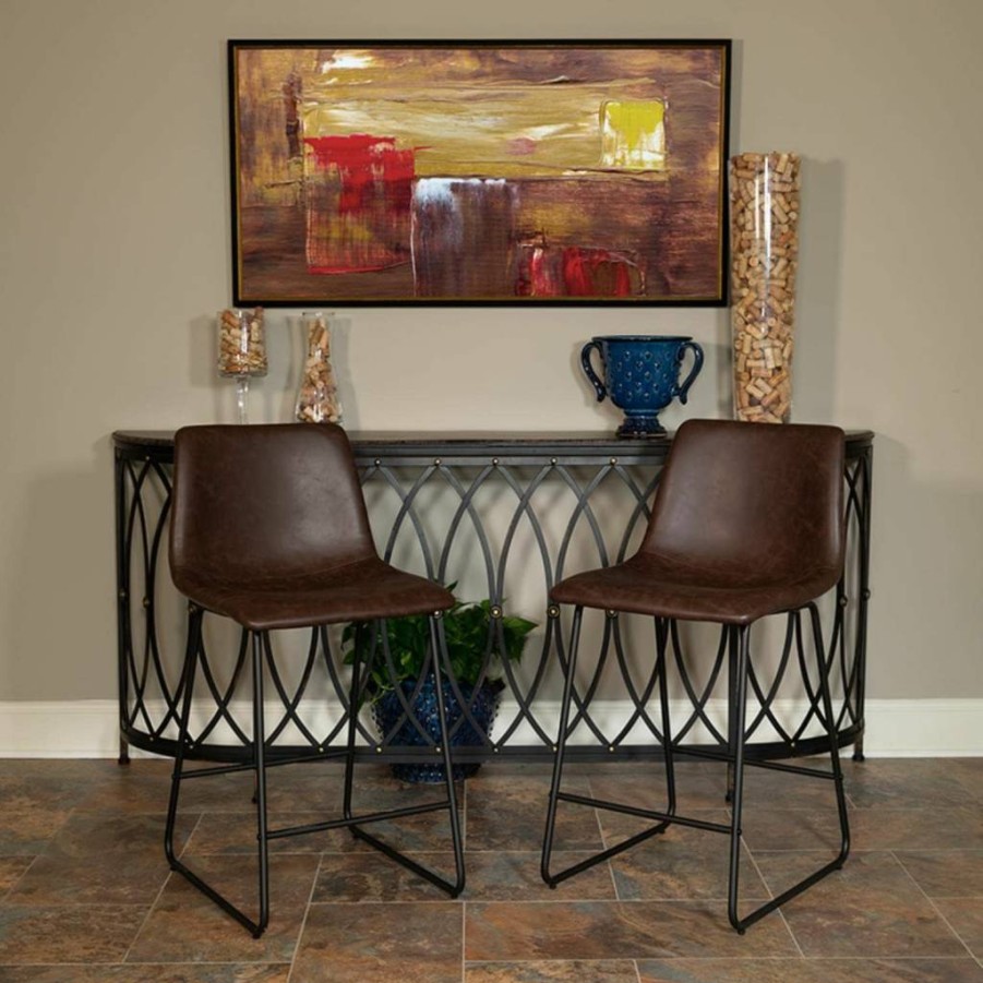 Flash Furniture 24" Leathersoft Counter Height Bar Stools Set of 2 - Dark Brown Mid-Century Modern Bucket Seats with Footrest