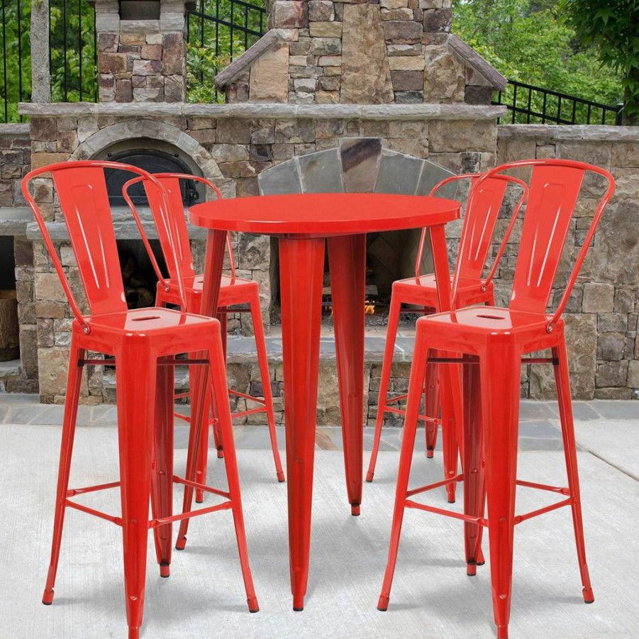 Flash Furniture 30" Round Black Metal Bar Table Set with 4 Stools - Indoor-Outdoor Commercial Grade Cafe Height Dining