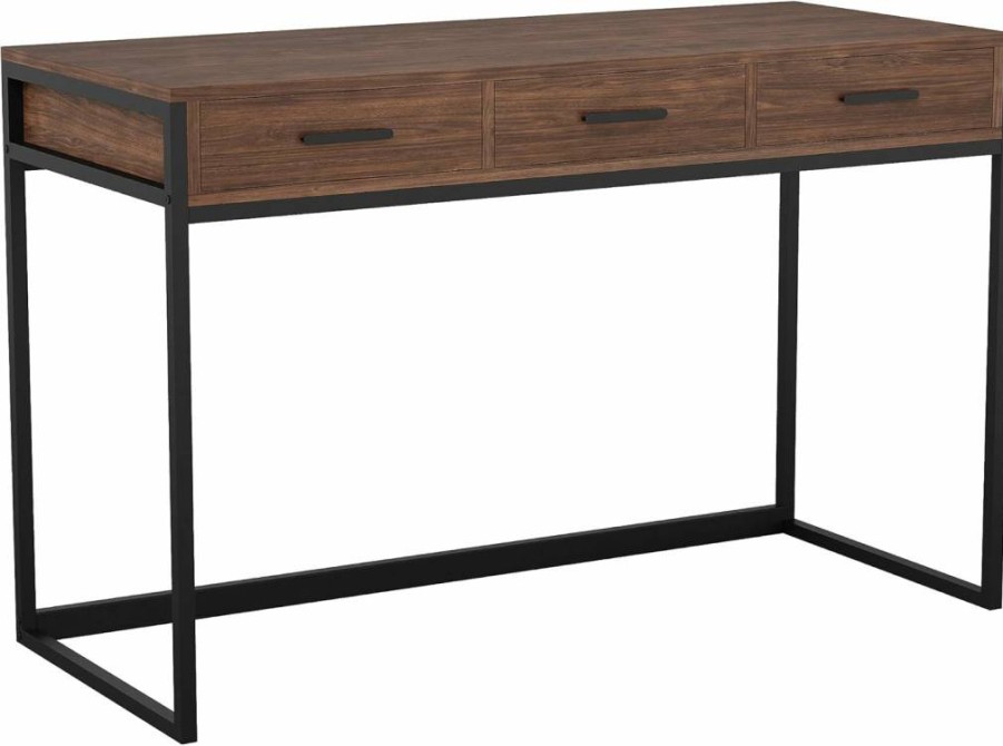 Martha Stewart Walnut Wood Grain Ollie Home Office Desk with 3 Drawers & Oil-Rubbed Bronze Hardware