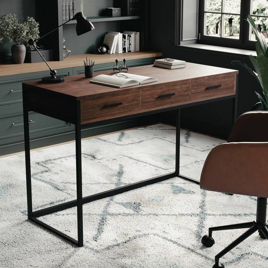 Martha Stewart Walnut Wood Grain Ollie Home Office Desk with 3 Drawers & Oil-Rubbed Bronze Hardware